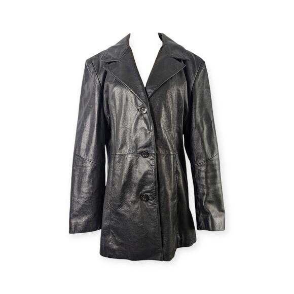 Vintage 90s WILSON Women's L Leather 3-button Long sleeve Jacket Black Retro - Picture 1 of 10